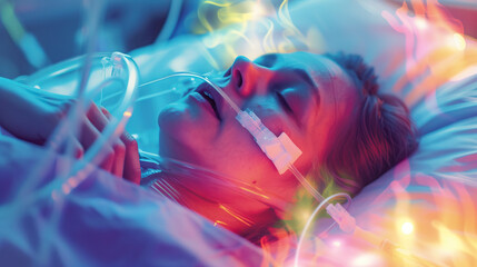 Pneumonia Patient: A person hospitalized for pneumonia, receiving oxygen therapy and antibiotics for recovery - obrazy, fototapety, plakaty
