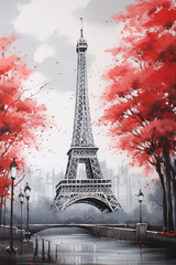 Parisian Sketch: Eiffel Tower with Vibrant Red Trees