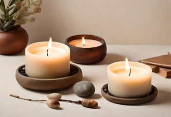 Obraz na płótnie Canvas three candles on a table with smooth, round pebbles