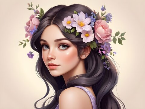 Beautiful portrait of a girl with flowers in her hair. 