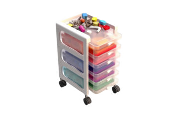 Multicolored Drawer on Wheels. A multicolored drawer sits on wheels, displaying its vibrant hues and functional design. on White or PNG Transparent Background.