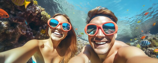 Young couple joyfully snorkeling exploring underwater world amidst colorful fish and coral. Concept Underwater Adventures, Snorkeling Bliss, Colorful Marine Life, Young Couple Enjoying Nature