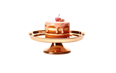 Cake on a Gold Plate With a Cherry on Top. A delicious cake adorned with a cherry placed on top of a luxurious gold plate. on White or PNG Transparent Background.
