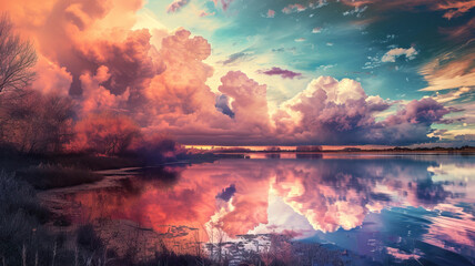 Cotton Candy Clouds: Surreal Photomontage. Clouds Made of Cotton Candy. Rivers Flowing with Liquid Gold. Surreal Landscape with Cotton Candy Clouds - obrazy, fototapety, plakaty