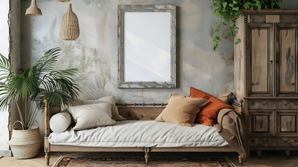 A mockup poster blank frame hanging on a vintage wardrobe, above a comfortable daybed, conservatory, Scandinavian style interior design