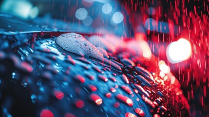 Vibrant water droplets on a reflective surface with red and blue lights.