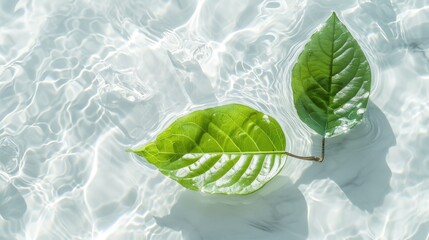 green leaf on water, Green leaves on water surface. Beautiful water ripple background for product presentation. Copy space