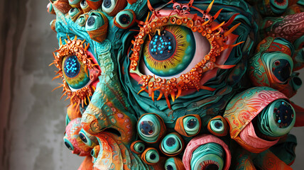 Fabric Creature: Surreal Textile Art. Fabric Sculpture of a Surreal Creature. Eyes All Over Its Body. Surreal Creature with Eyes All Over