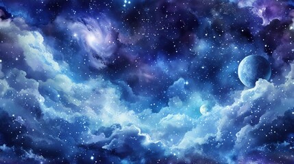 Mystical cosmic sky with glowing stars, nebula clouds, and planets. - obrazy, fototapety, plakaty
