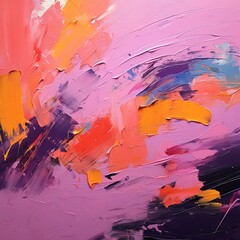 Vibrant acrylic paint strokes texture in pink, orange, and blue on canvas