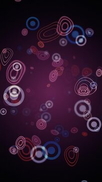 Vertical video - abstract bokeh particles background with multicolored concentric circles and squiggles. This trendy purple liquid motion effect background animation is full HD and a seamless loop.