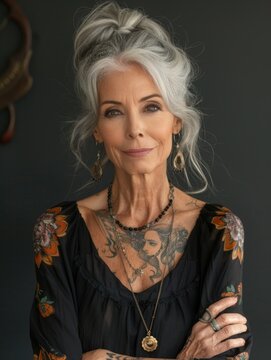 Aging with ink: elderly woman proudly poses with tattoo, showcasing timeless style and individuality, challenging stereotypes and embracing personal expression through body art