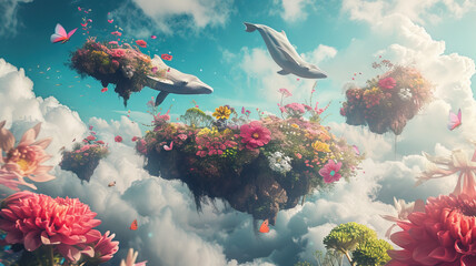 Flying Whales: Surreal Digital Collage. Floating Islands and Giant Flowers. Flying Whales. Surreal Composition with Flying Whales