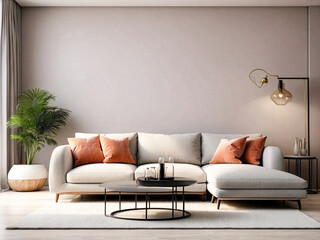 A background image of a clean modern living room setting with a large empty wall behind the couch