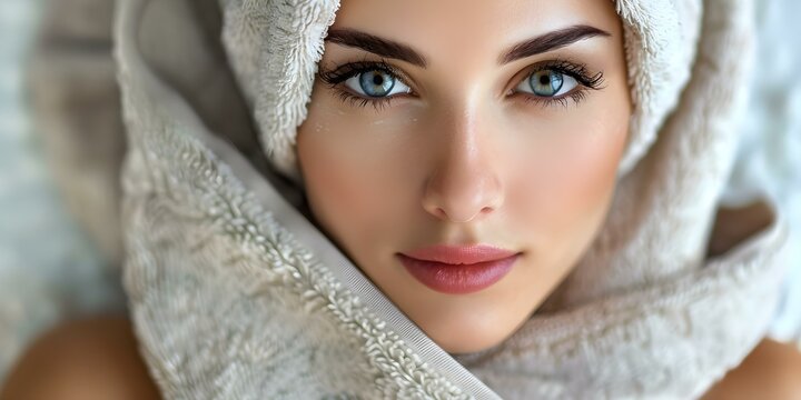 Closeup of a womans face wrapped in a towel looking elegant. Concept Portrait Photography, Spa Day, Beauty Routine, Self Care, Towel Wrap