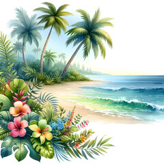 Fototapeta na wymiar Tropical Beach Sunset Flowers Illustration 