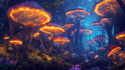 Fototapeta na wymiar Giant Mushroom Forest: Surreal Painting. Forest of Giant Mushrooms. Glowing Fungi and Bioluminescent Plants. Surreal Forest with Giant Mushrooms