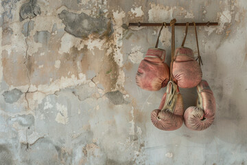 Old boxing gloves hang on nail on texture wall with copy space for text.