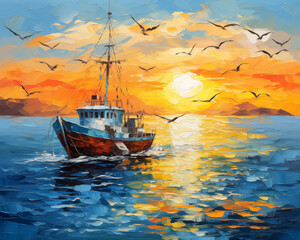 Tranquil Sunset at Sea: Fish Boats and Golden Hues