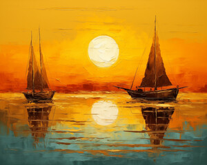 Decorative Dreamscape: Boats Sail Beneath a Patterned Sunset