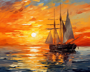 Sailboats Sailing in Sunset: Stock Vector Illustration