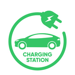 Plug icon symbol and electric car, hybrid vehicle charging point logo. Green energy and eco-friendly car concept, charger connector and charging station icon. vector illustration
