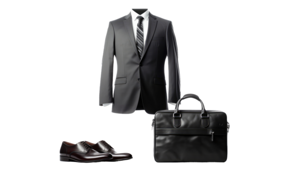 Businessman With Suit and Tie, Briefcase, and Shoes. A professional businessman holding a briefcase, wearing a suit and tie, and standing with polished shoes. on White or PNG Transparent Background. - Powered by Adobe