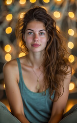 Fototapeta premium Portrait of a beautiful girl sitting on the ground, behind her blurred lights