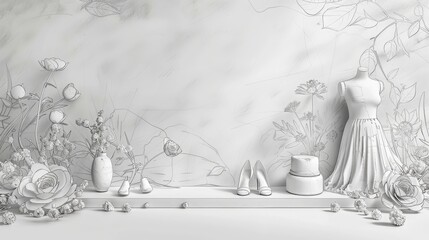 A 3D illustration background with sketches of dresses, shoes, and accessories. with text space