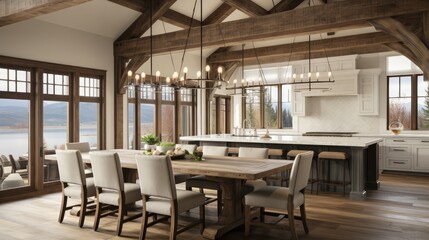 Fototapeta premium Beautiful Dining Room and Kitchen in New Luxury Home at Sunrise. House features Wood Beam Ceiling, Furnished Interior, Pendant Light Fixtures, Dining Room Table, Kitchen Island, and Hardwood Floors