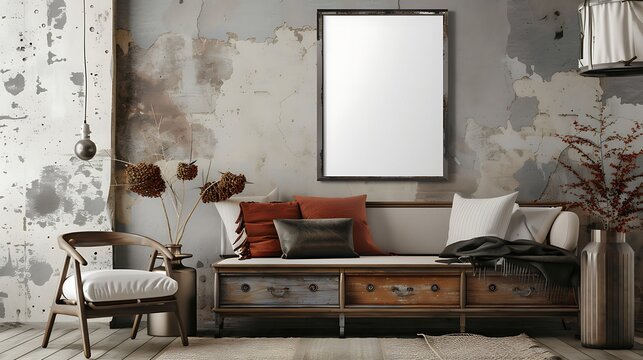A mockup poster blank frame hanging on a retro chest, above a sleek settee, lounge, Scandinavian style interior design