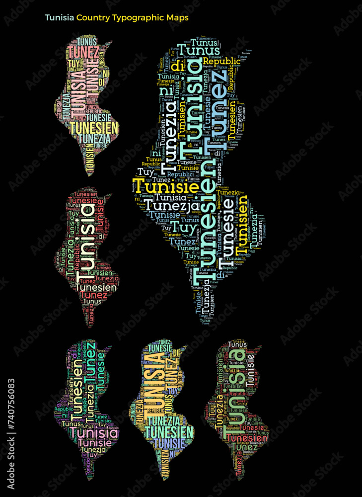 Poster set of typography style country illustrations. tunisia map shape build of horizontal and vertical co