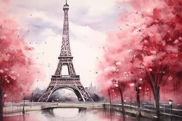 Parisian Passion: Eiffel Tower in Bold Red with Lush Greenery