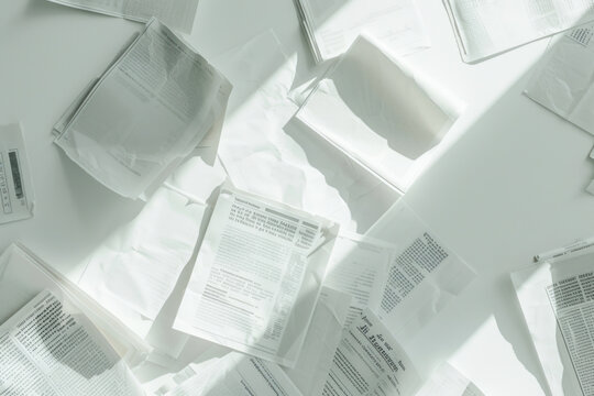 Newspaper clippings, white background. clippings of different articles.