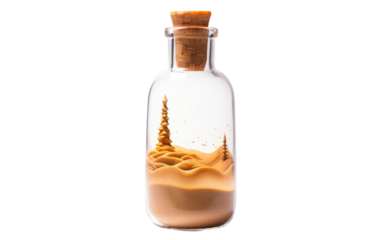 Bottle Filled With Sand and Trees Inside. A bottle containing sand and miniature trees, showcasing the natural elements of earth captured within a glass encasement.