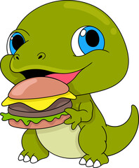 doodle cartoon sticker food logo illustration, a green dinosaur is munching on a delicious burger