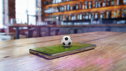 Soccer field on smartphone in a sports bar from above - texture background - 3D-Illustration