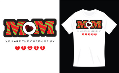 Vector mom text and heart shape design on white T- shirt.