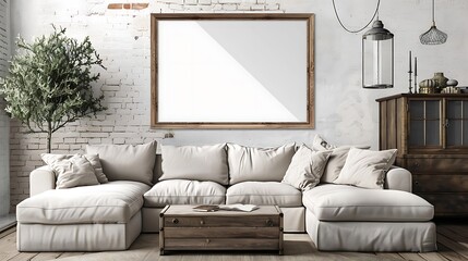 A mockup poster blank frame hanging on a salvaged cabinet, above a modern sectional, family room, Scandinavian style interior design