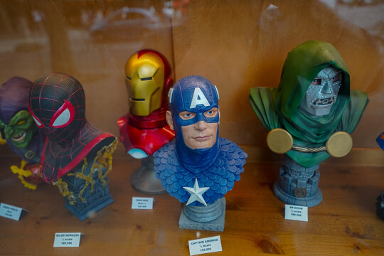 Paris France 4 may 2023 : DC and Marvel comics characters action figurines