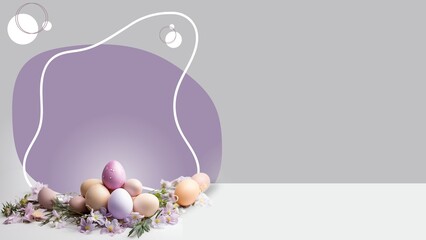 Easter eggs and spring flowers with copy space.