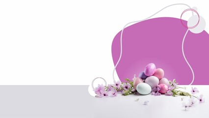 Easter eggs and flowers on a  background with place for text
