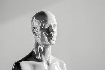 Close-up of the top of a shiny plastic mannequin on a gray background - obrazy, fototapety, plakaty