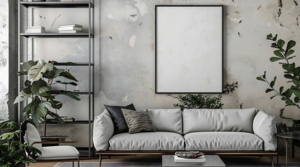 A mockup poster blank frame hanging on an antique shelving unit, above a contemporary couch, studio apartment, Scandinavian style interior design