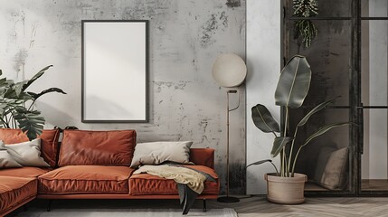 A mockup poster blank frame hanging on a vintage wardrobe, above a sleek sectional, studio apartment, Scandinavian style interior design