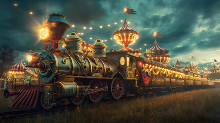 Surreal Circus Train: Surreal Transportation Design. Circus Train with Moving Parts and Performers. Mobile Circus Experience. Surreal Train of Circus Wonders