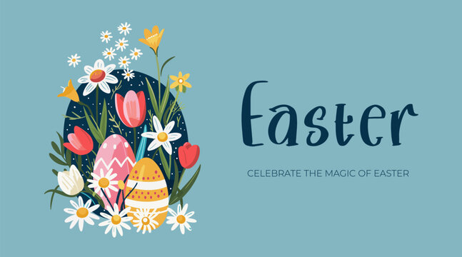Happy Easter Day holiday horizontal banner with colored eggs in grass. Traditional spring religious celebration greeting card. Vector eps drawing Christian festive poster