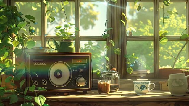 Peaceful lofi classic radio near a window. Relaxing a cup of coffee or tea. Loop animation video