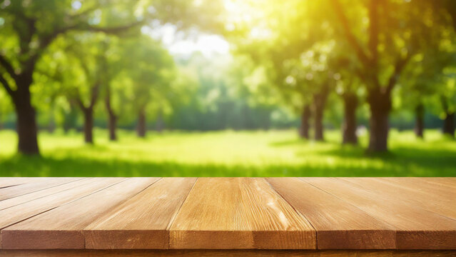 Empty wooden table top with blurred green fields at park, spring and summer background, product display template.