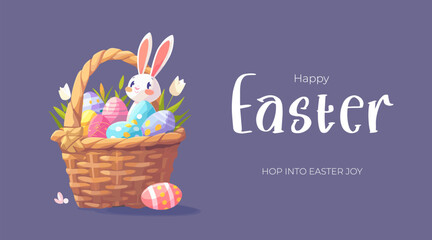 Happy Easter Day holiday horizontal banner with cute bunny with colored eggs in basket. Traditional spring religious celebration greeting card. Vector eps drawing Christian festive poster